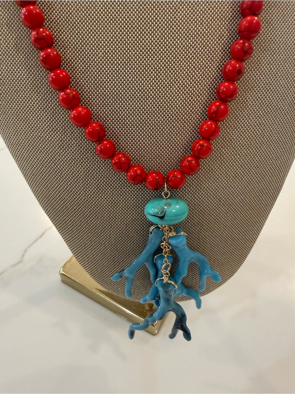 Bohemian Style Faux Turquoise Coral Pendant Necklace